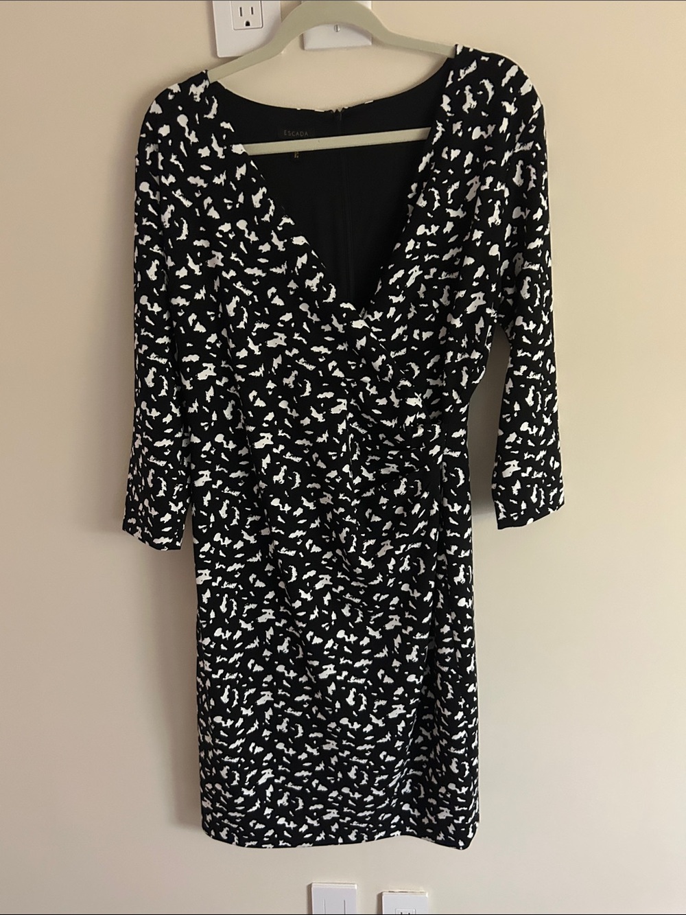 Escada Black and White Printed Long-Sleeve Wrap Dress